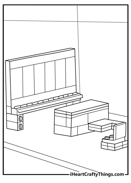 LEGO school classroom with chalkboard and desks free printable coloring page