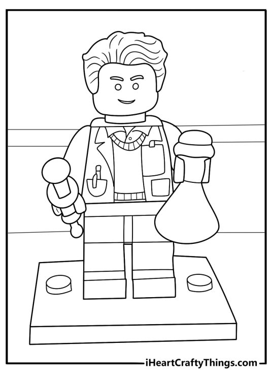 LEGO scientist in a laboratory with beakers and test tubes detailed coloring sheet