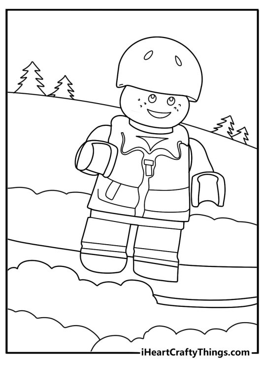 LEGO snowboarder on a snowy slope with pine trees cute coloring page for kids