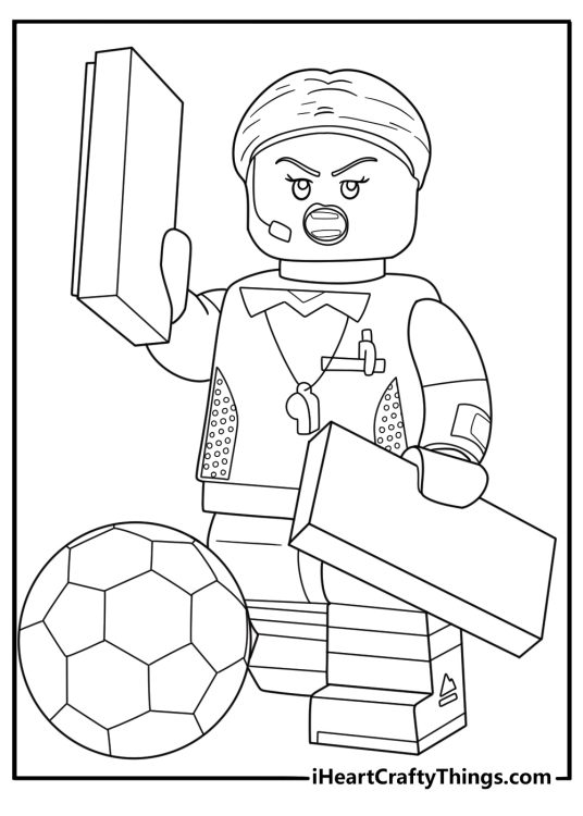 LEGO soccer match with goal and referee printable coloring page for kids