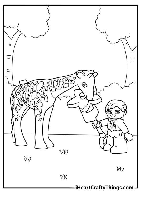 LEGO zoo keeper feeding a giraffe fun coloring page for kids