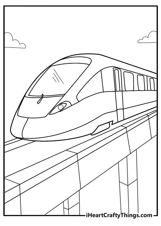 Maglev train floating over guideway futuristic coloring page for kids