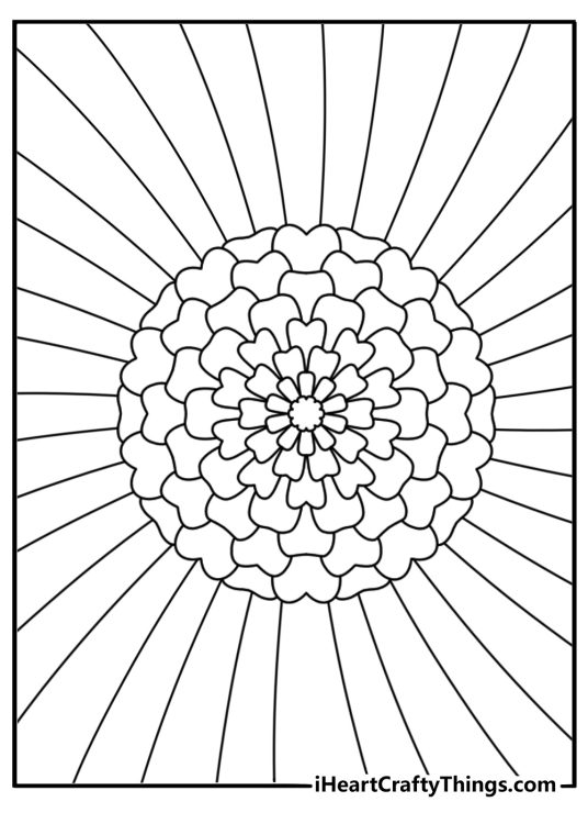Marigold sunburst mandala thick outlines simple coloring sheet for kids