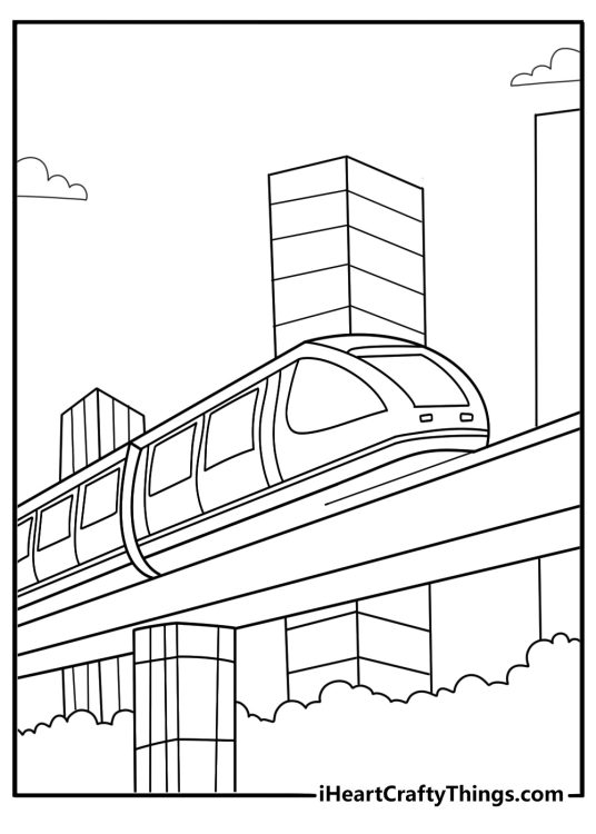 Monorail gliding above city buildings free train coloring page pdf