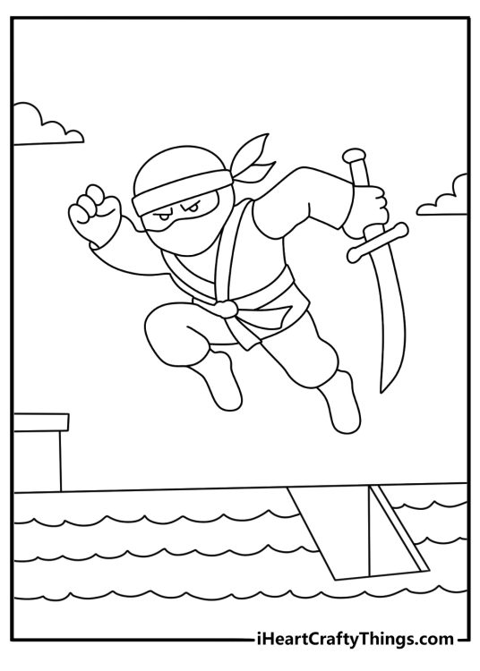 Ninja coloring page with a masked hero escaping through a trapdoor