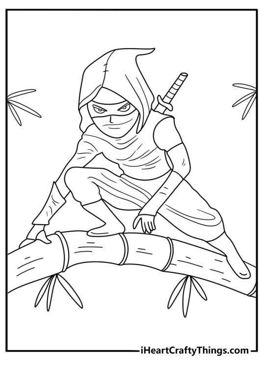 Ninja coloring page with a masked warrior balancing on bamboo stalks