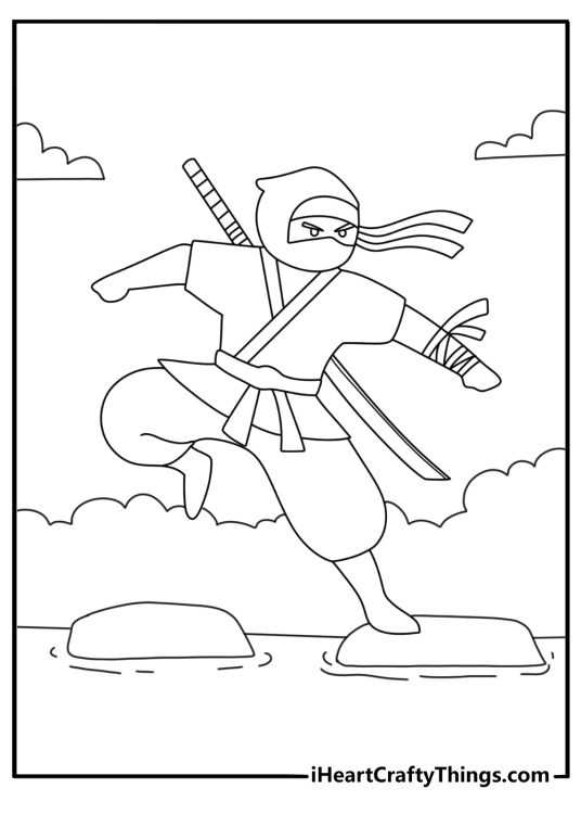 Ninja coloring pages scene with a stealth warrior moving across stepping stones