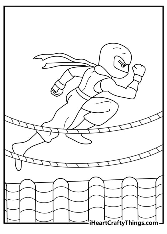 Ninja coloring sheet with a shadow fighter crossing a rope bridge at night