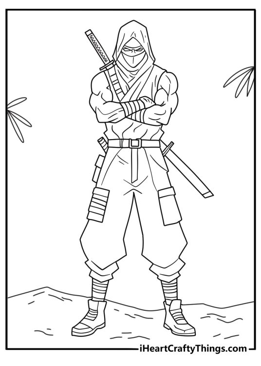 Ninja for adults coloring page with detailed armor and patterned cloth