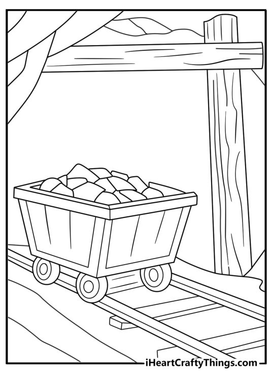Old coal mine rail cart train in underground tunnel detailed coloring page for adults