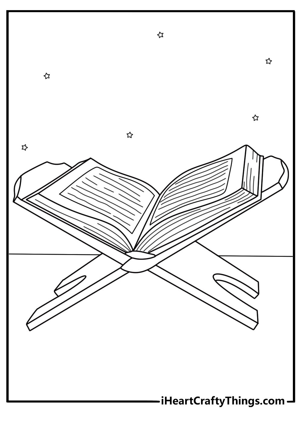 Open Quran on wooden rehal with bookmark detailed Islamic coloring sheet for adults pdf download
