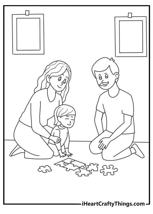 Parents and children work on a jigsaw puzzle in this easy coloring page