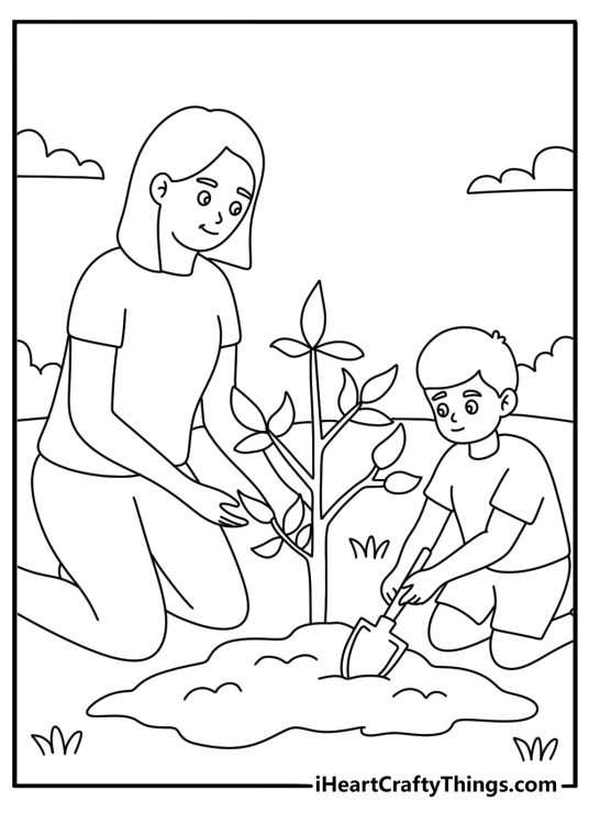 Parents teach their children to plant a young tree in this nature page