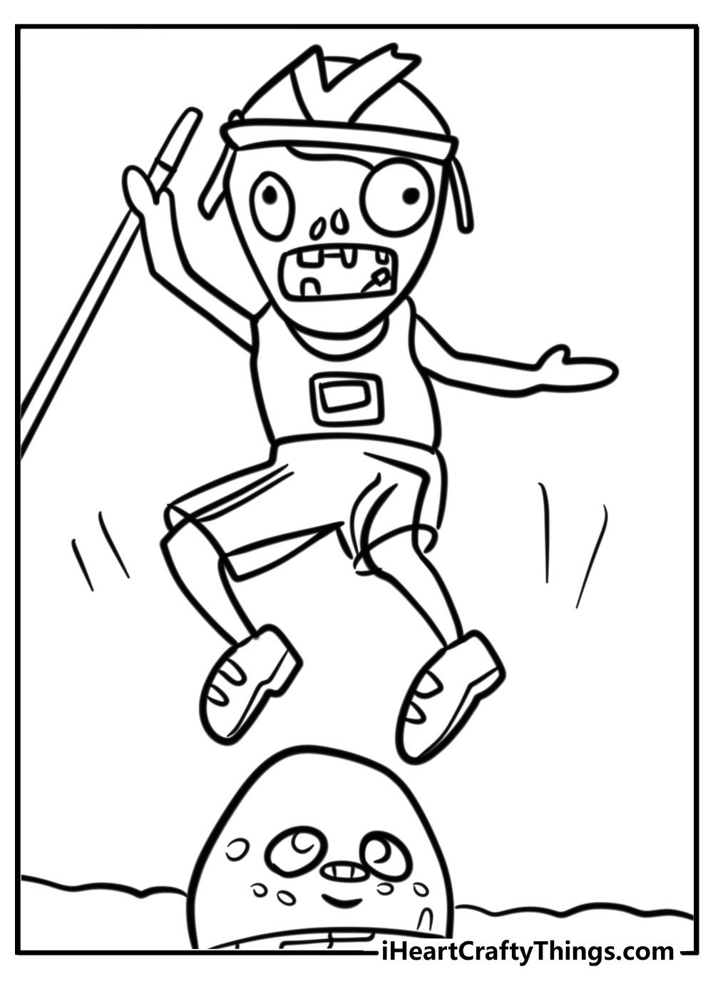 Pole vaulting zombie jumping over obstacles free coloring page