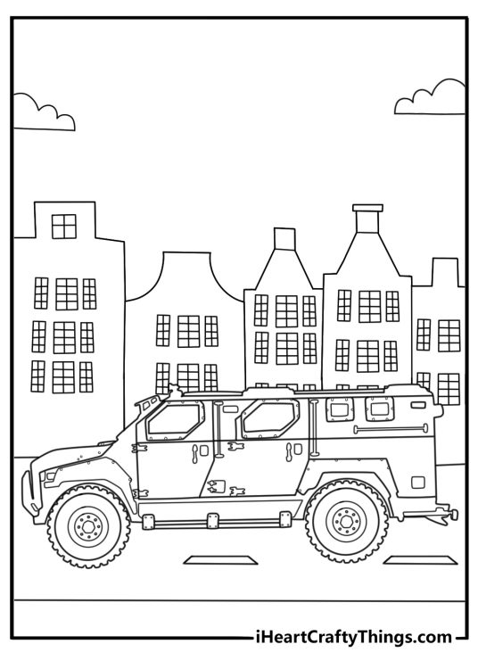 Police Car coloring page featuring armored SWAT vehicle in urban setting