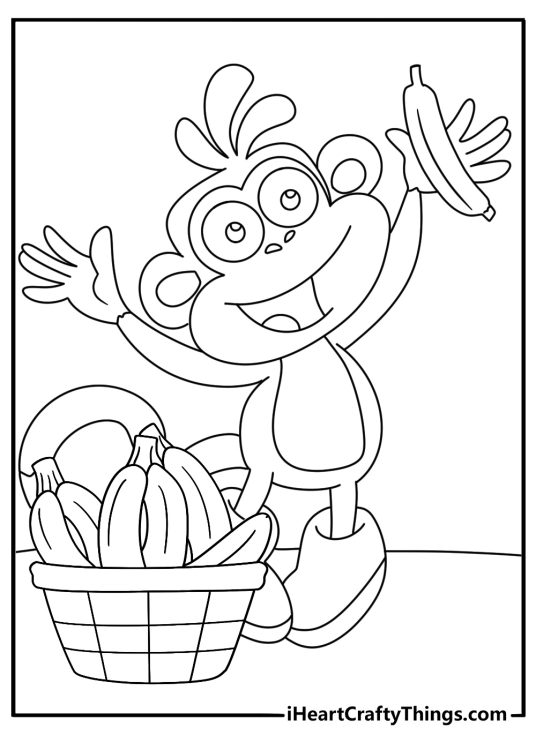 Printable Dora the Explorer page with Boots beside a basket of bananas