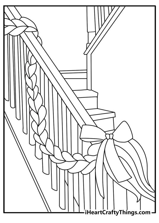 Printable Rapunzel coloring page with her braid wrapped around a staircase rail