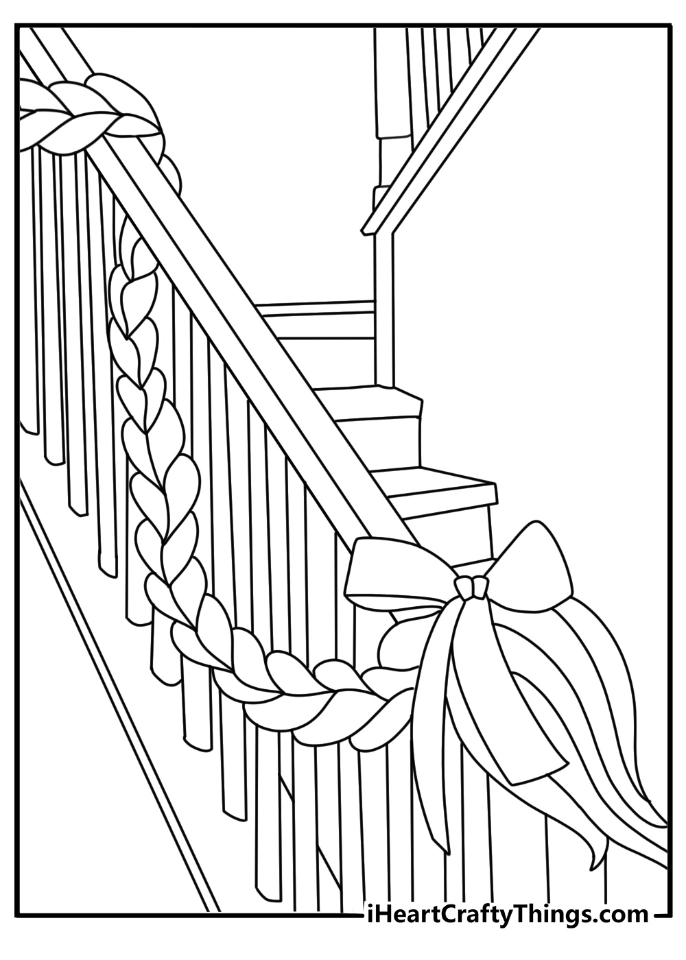 Printable Rapunzel coloring page with her braid wrapped around a staircase rail