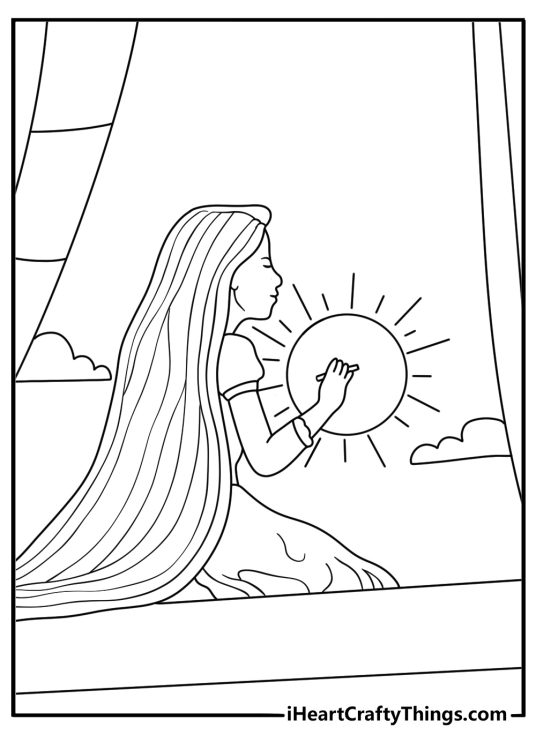 Printable Tangled coloring sheet showing Rapunzel drawing with colored chalk