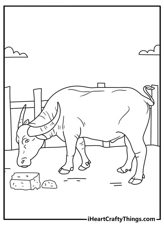 Printable animal coloring sheet featuring a bull beside a salt block