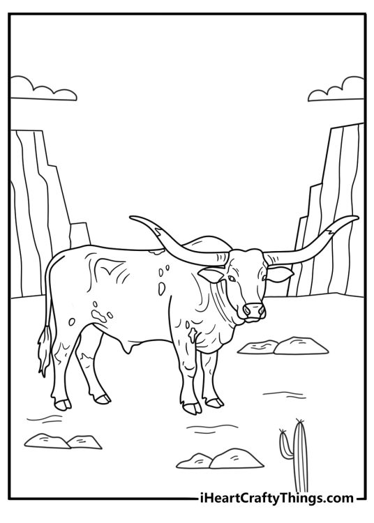 Printable bull coloring page with a Texas longhorn beside cactus plants