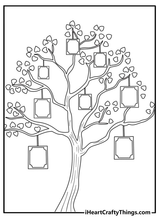 Printable coloring page of a family tree with blank name spaces