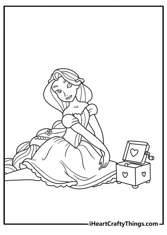 Printable coloring page showing Rapunzel opening a wooden music box