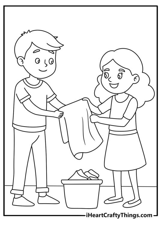 Printable coloring sheet showing siblings helping with laundry at home