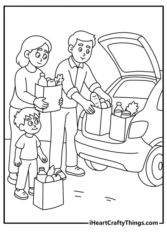 Printable family coloring page featuring parents packing groceries into the car