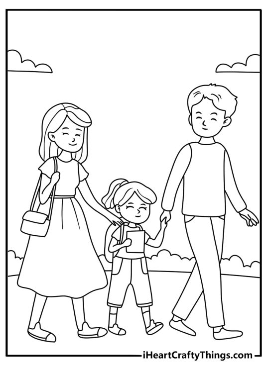 Printable family page showing parents walking children to school