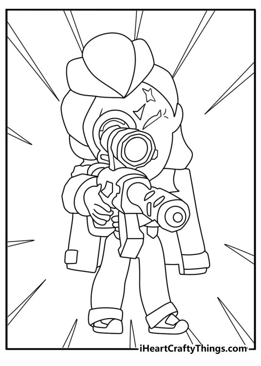 Printable game coloring page featuring Belle aiming her electric rifle