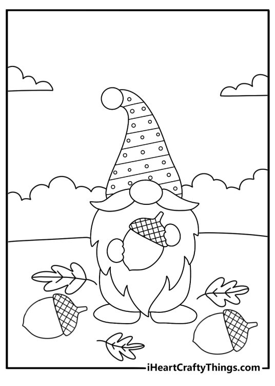 Printable gnome coloring page with a gnome collecting acorns under oak leaves