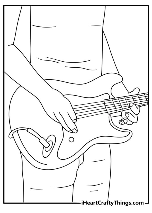 Printable guitar coloring sheet featuring a musician tuning the strings