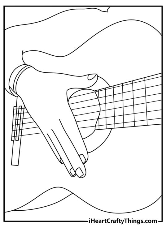 Printable guitar page showing a flamenco player strumming fast chords