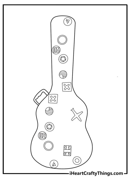 Printable music page featuring a guitar case covered with travel stickers
