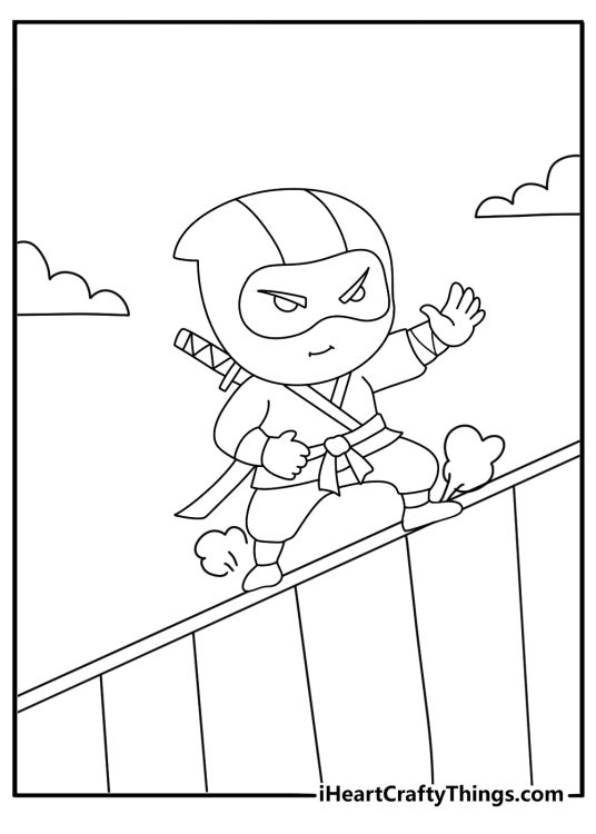 Printable ninja coloring sheet with a stealth fighter sliding under a wooden fence