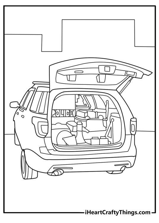 Printable sheet of police SUV with open trunk showing safety gear