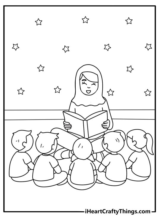 Ramadan story time circle at a library with a teacher reading from a big book easy coloring page for kids pdf