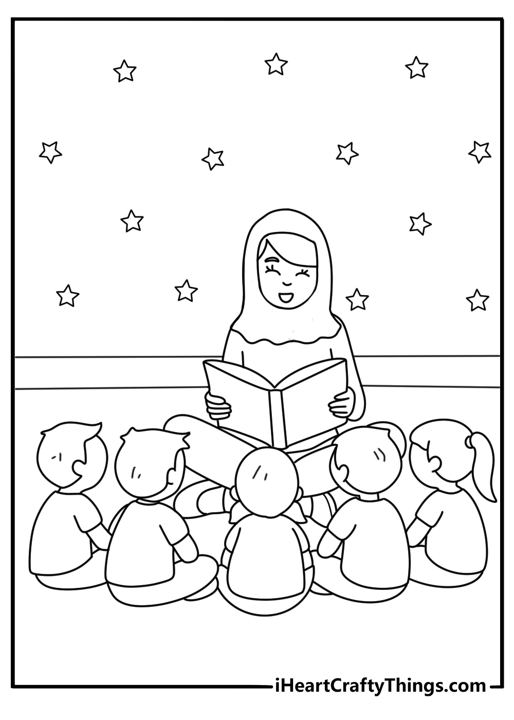 Ramadan story time circle at a library with a teacher reading from a big book easy coloring page for kids pdf