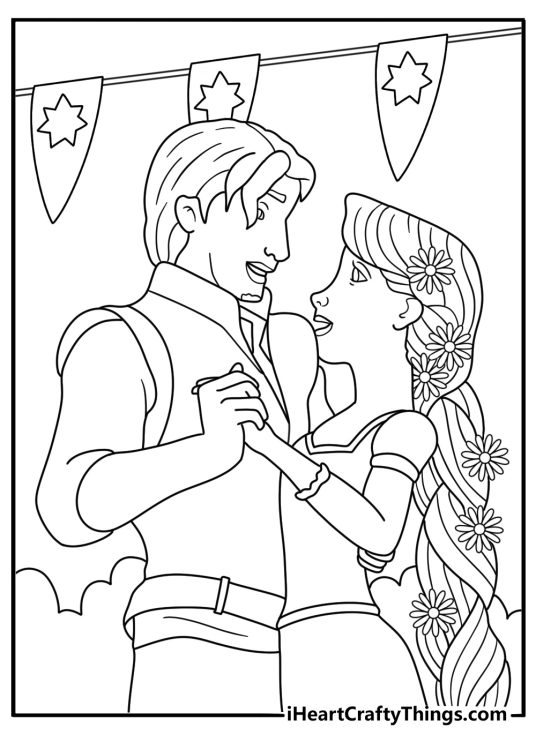 Rapunzel coloring page for kids showing her dancing at the kingdom festival