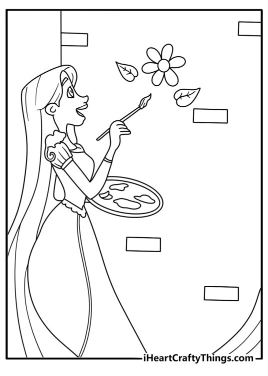 Rapunzel coloring page showing her painting flowers on the tower wall