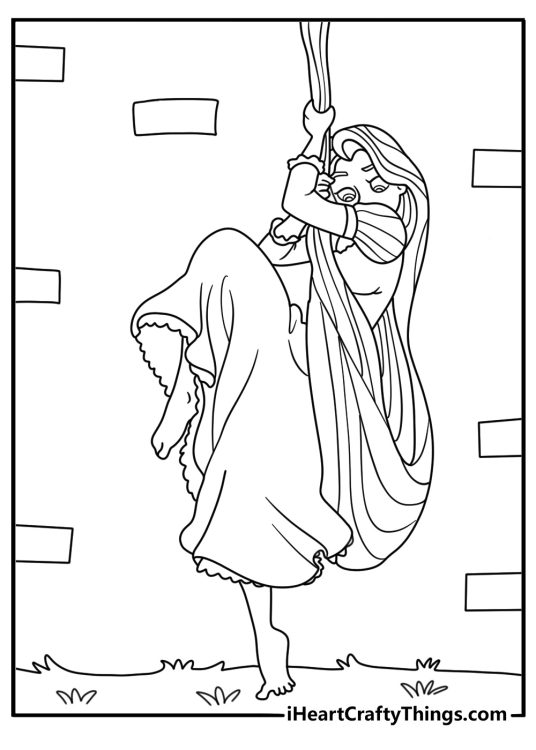 Rapunzel coloring pages scene featuring her climbing down her long hair