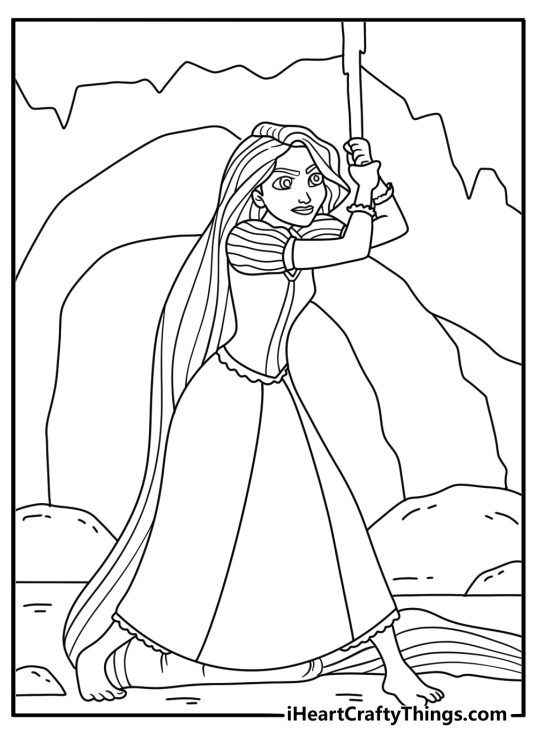 Rapunzel explores a hidden cave in this detailed Tangled coloring sheet