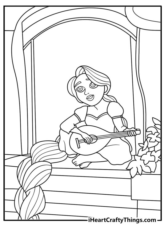 Rapunzel plays a guitar near the tower window in this free coloring page