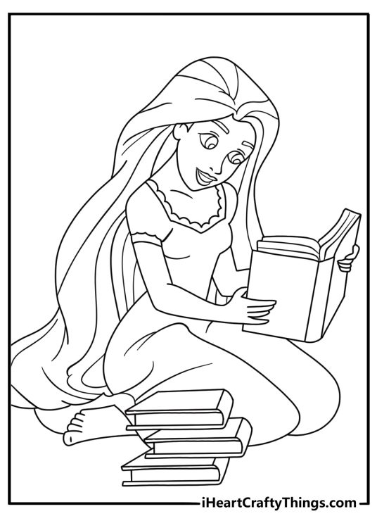 Rapunzel reads beside a stack of books in this easy coloring sheet