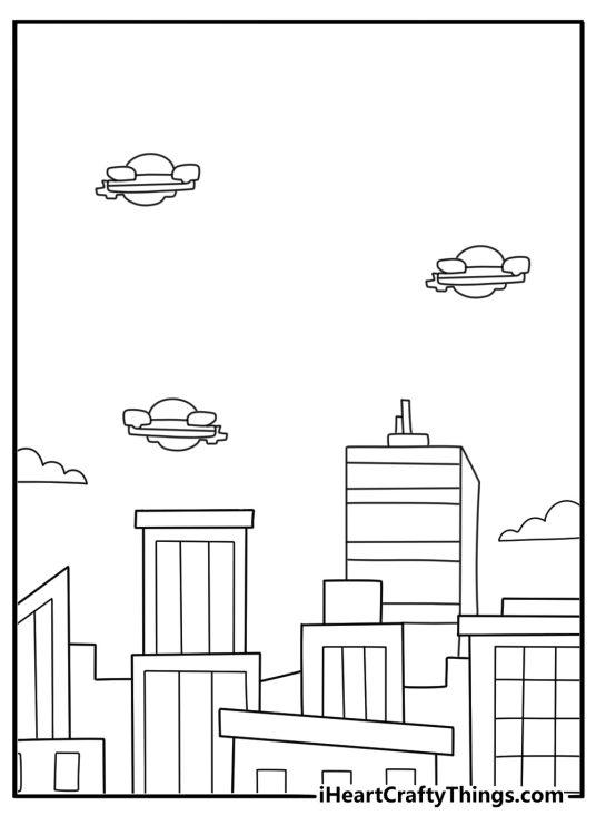Rick and Morty coloring page for adults with an alien city full of towers and flying cars