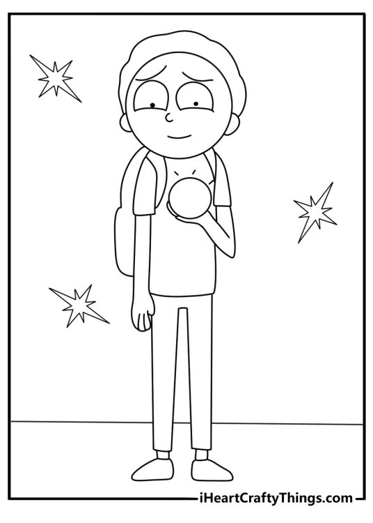 Rick and Morty coloring page with Morty looking into a crystal ball on a pedestal