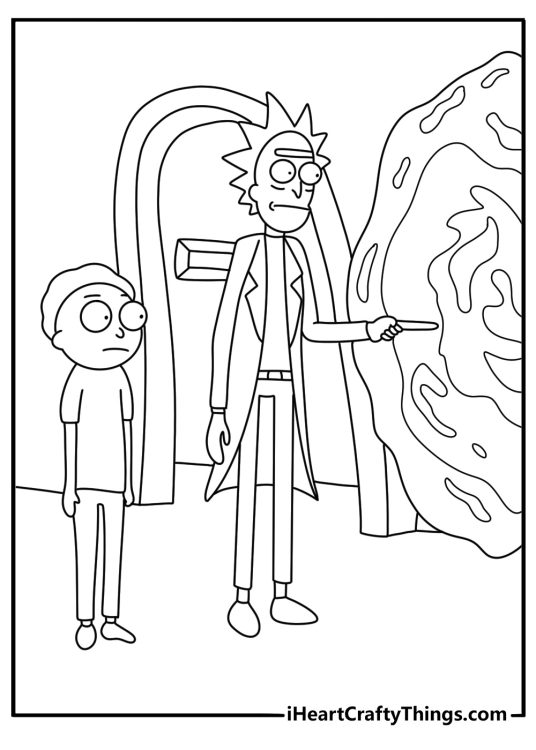Rick and Morty coloring page with Rick and Morty standing beside a broken portal machine