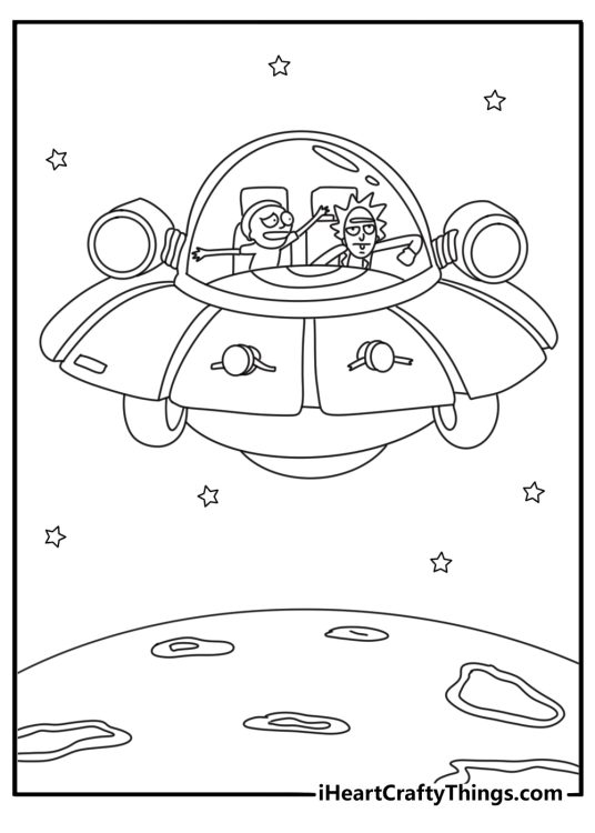 Rick and Morty coloring pages with a giant spaceship above a strange planet