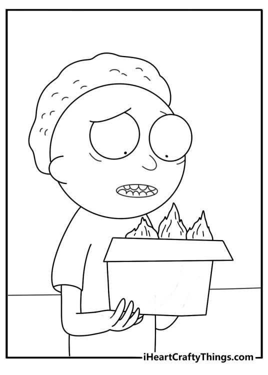 Rick and Morty coloring sheet with Morty carrying a box of alien seeds